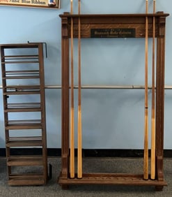 ANT. OAK BRUNSWICK POOL CUE HOLDER & BALL HOLDER