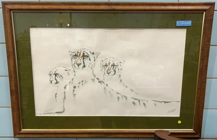 LARGE GILL WILES FRAMED WATERCOLOR OF CHEETAHS