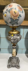 METAL & MARBLE BASE BANQUET LAMP W/ HANDPAINTED SH