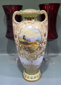 LARGE HANDPAINTED NIPPON VASE & 2 LG RED STEMWARE