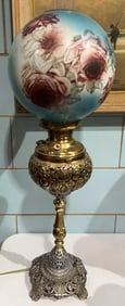 ANTIQUE METAL BASE BANQUET LAMP W/ HANDPAINTED VAS