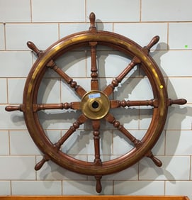 LARGE ANTIQUE BRASS & WOOD SHIP'S WHEEL