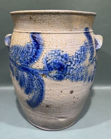 ANTIQUE 1 GALLON BLUE DECORATED STONEWARE CROCK