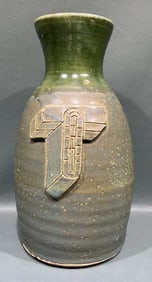 SIGNED GREEN STONEWARE VASE