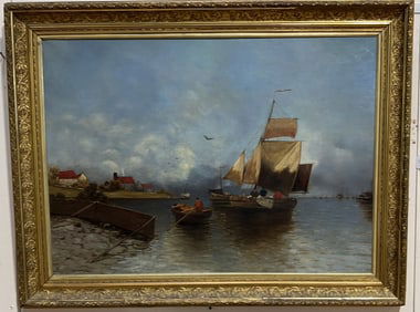 ANTIQUE OIL ON CANVAS OF HARBOR SCENE