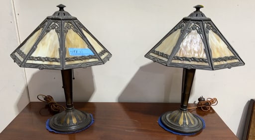 PAIR OF BRADLEY & HUBBARD SLAG GLASS TABLE LAMPS