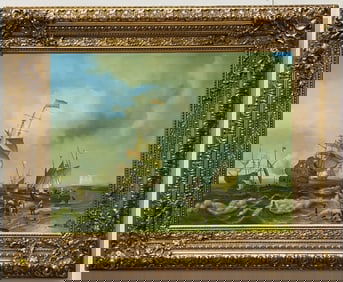 M LUINI OIL ON CANVAS OF SHIPS