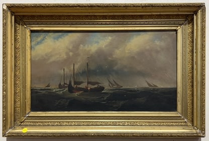 ANTIQUE OIL ON CANVAS OF SHIPS IN A GOLD FRAME