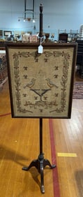 ANTIQUE NEEDLEPOINT FIRESCREEN W/BIRD DECORATION
