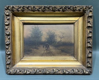 SIGNED ANT OIL ON BOARD OF MAN & WAGON