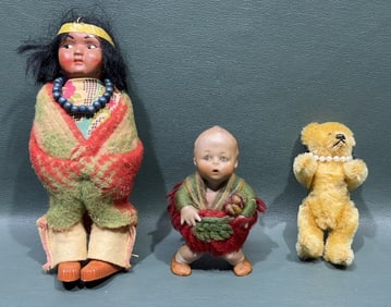 VINTAGE SKOOKUM DOLL & JOINTED BEAR LOT