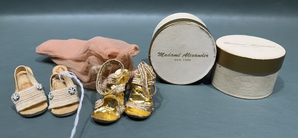 2 MADAME' ALEXANDER HAT BOXES & SHOE LOT