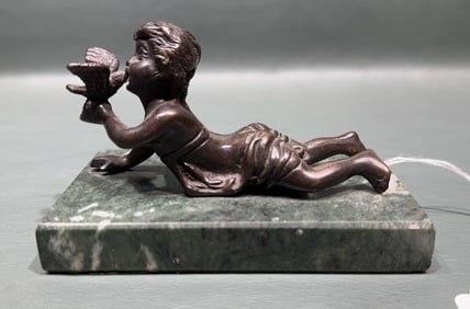 SIGNED BRONZE CHILD W/ A DOVE ON MARBLE BASE