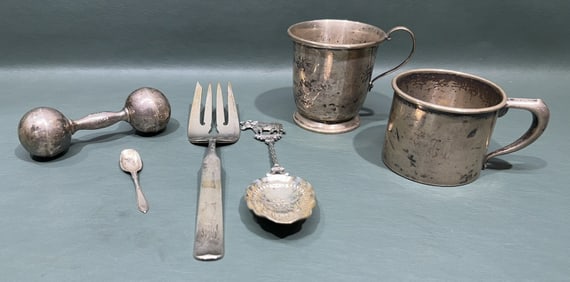 STERLING BABY RATTLE, CUPS, & FLATWARE LOT