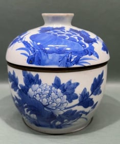 CHINESE COVERED JAR W/CALLIGRAPHY