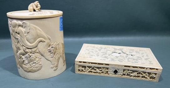 2 ANTIQUE CARVED BONE BOXES