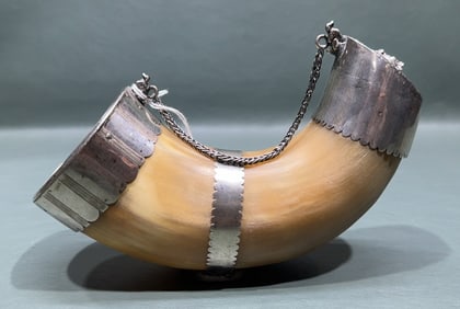 ANTIQUE HORN & SILVER DRINKING CUP
