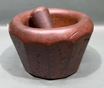EARLY REDWARE FACETED MORTAR & PESTLE