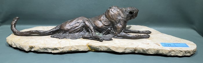 SIGNED BRONZE CHEETAH ON MARBLE BASE