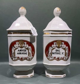 2 ANTIQUE HAND PAINTED APOTHECARY JARS