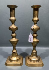 PAIR ANTIQUE BRASS PUSH UP CANDLE STICKS