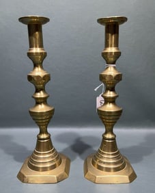 PAIR ANTIQUE BRASS PUSH UP CANDLE STICKS