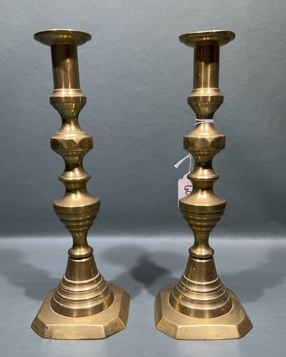 PAIR ANTIQUE BRASS PUSH UP CANDLE STICKS (1 of 3)