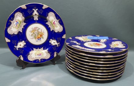SET OF 11 COALPORT COBALT BLUE CHELSEA BIRD PLATES