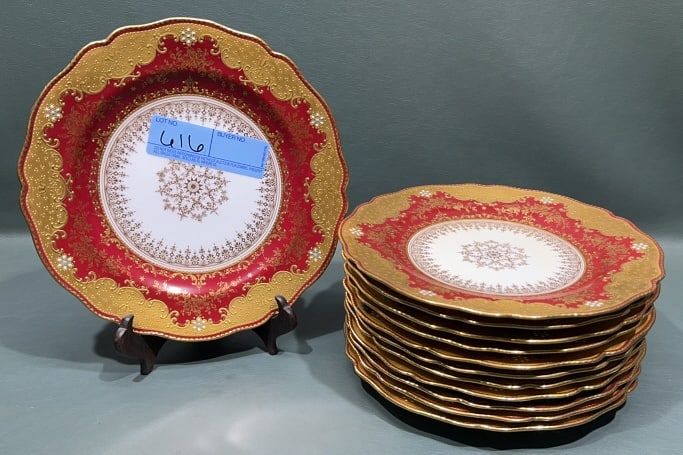 SET OF 12 COPELAND JEWELED PORCELAIN DINNER PLATES: MADE FOR GILMAN GOLLAMORE OF NEW YORK ~ 9" dia