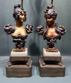 PAIR ART NOUVEAU BRONZE TABLE LAMPS
