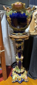 LARGE MAJOLICA JARDINERE & PEDESTAL SIGNED ROYAL