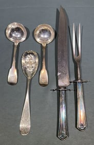 2 ENGLISH SILVER LADLES, COIN BERRY SPOON, & CARVI