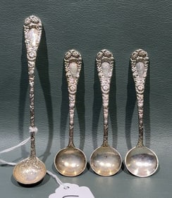 CHRYSANTHEMUM BY DURGIN 3 SALT SPOONS & SM LADLE