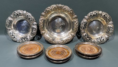 3 SMALL STERLING SERVING BOWL & COASTER LOT