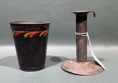 TOLE PAINTED CUP & HOG SCRAPER CANDLESTICK