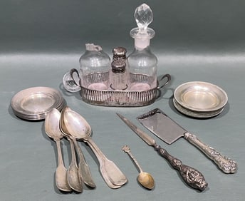 STERLING BUTTER PATS, STERLING CRUET, & COIN