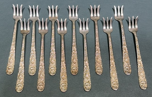 12- KIRK & SON "REPOUSE' " SEAFOOD FORKS: 8 OZT, ~ 5-1/2" LONG