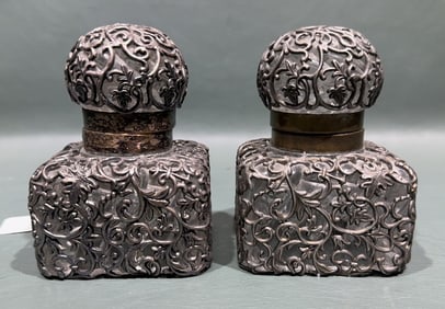 PAIR OF ANTIQUE SQUARE SILVER OVERLAY INK WELLS