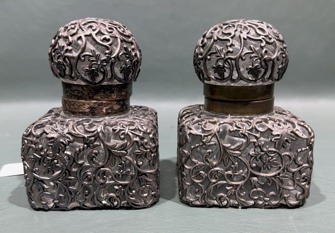 PAIR OF ANTIQUE SQUARE SILVER OVERLAY INK WELLS: ~ 4-1/2" X 3"