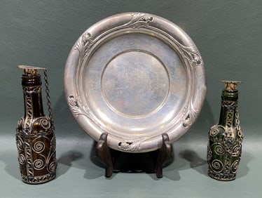 STERLING PLATE & 2 METAL OVERLAY BOTTLES