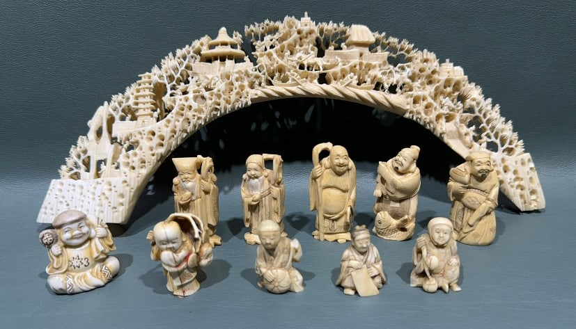 COLLECTION OF ORIENTAL CARVED BONE FIGURES: LARGEST ~ 12-1/2" X 5-1/2"