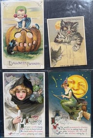 3 VINTAGE HALLOWEEN & 1 CAT POSTCARDS