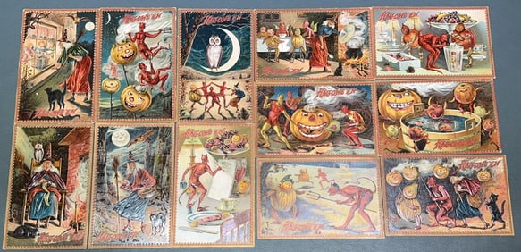 SET OF 12 TUCK DEVIL HALLOWEEN POSTCARDS