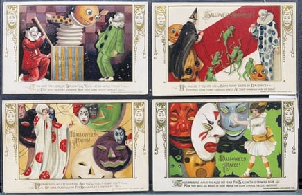 4 VINTAGE SCHMUCKER HALLOWEEN POSTCARDS