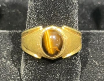 18KT HGE GOLD PLATED MEN'S RING W/ TIGER EYE STONE