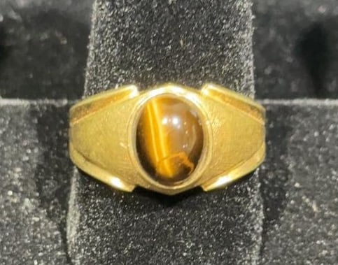 18KT HGE GOLD PLATED MEN'S RING W/ TIGER EYE STONE (1 of 3)