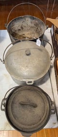 2 CAST IRON POTS & ALUMINIUM POT