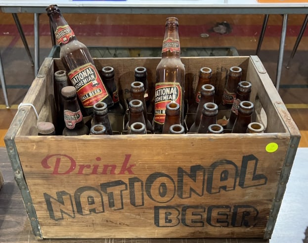 NATIONAL BEER WOODEN CRATE & BOTTLES: 18" x 12"x 10-1/2"