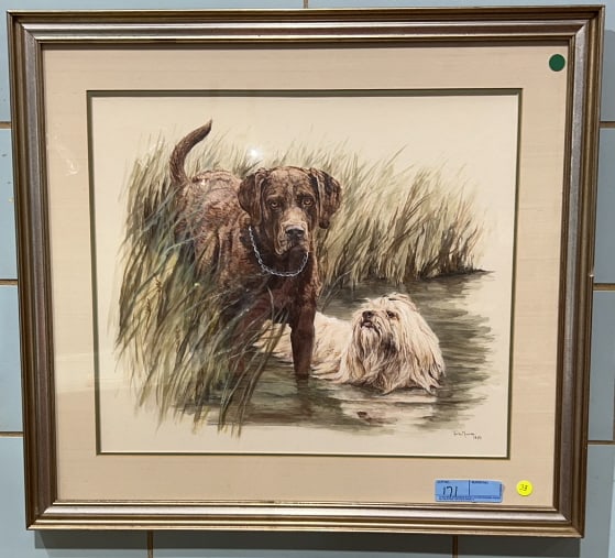 TARA MOORE WATERCOLOR OF DOGS IN CREEK: NAUTILUS OF GROVE CREEK AND TIGER LILY" 28-1/2" x 25