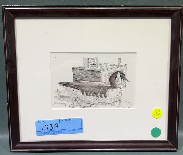 BRUCE WOODWARD ORIGINAL PEN & PAPER DRAWING: CANADA GOOSE DECOY & PETERS SHOTSHELLS 12" x 10"